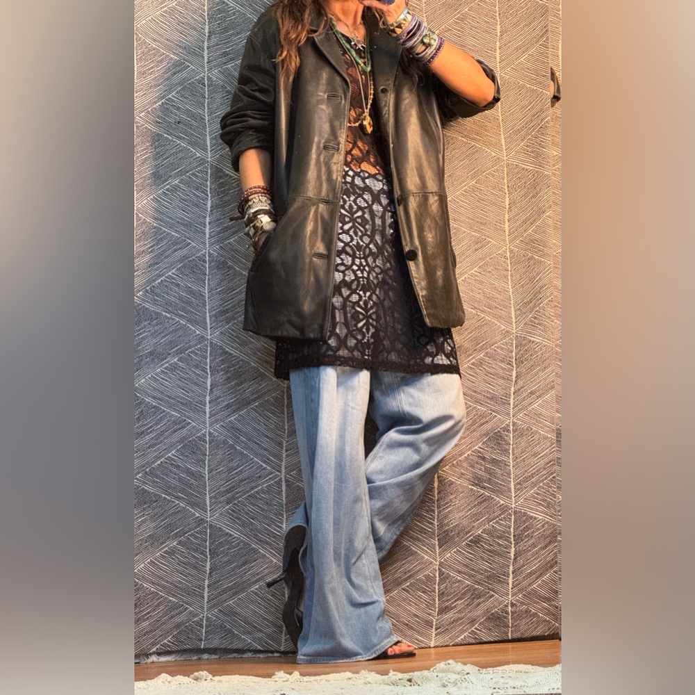 Gino de Giorgio Black Leather Jacket 3/4 Sleeve ‎ Size S
